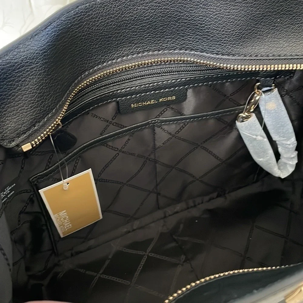 Brand New Michael Kors Genuine Leather Zippered Sylvia Tote Purse Black w/ Gold